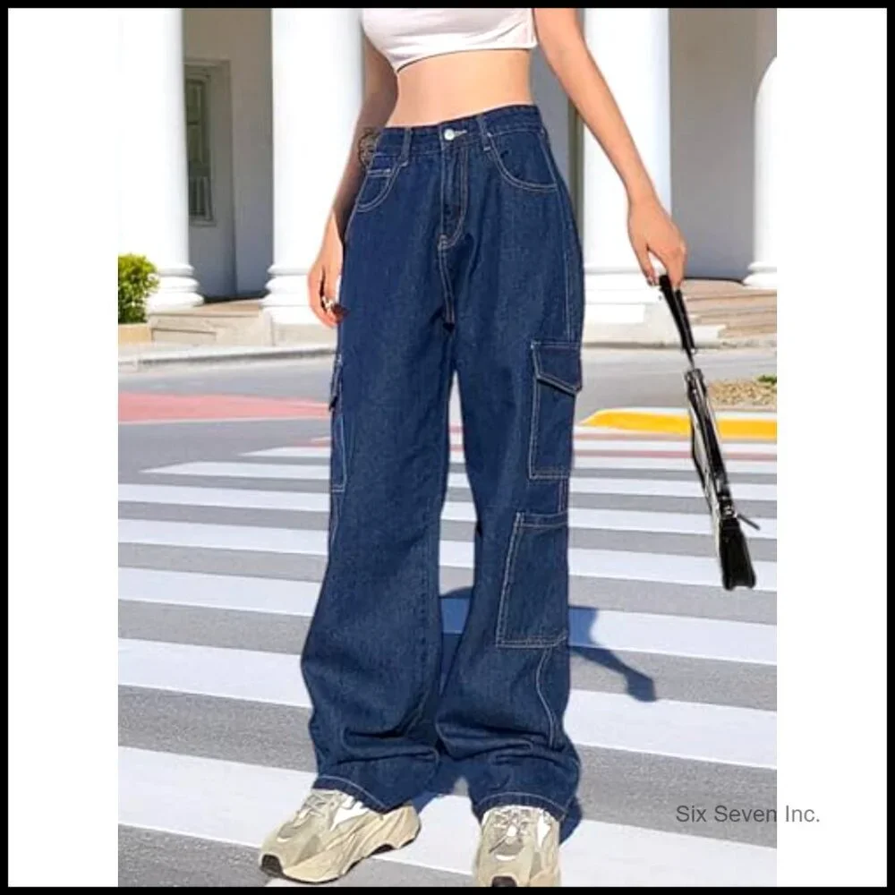 High Waisted Cargo Jeans Y2K Straight Wide Leg Baggy Denim Pants